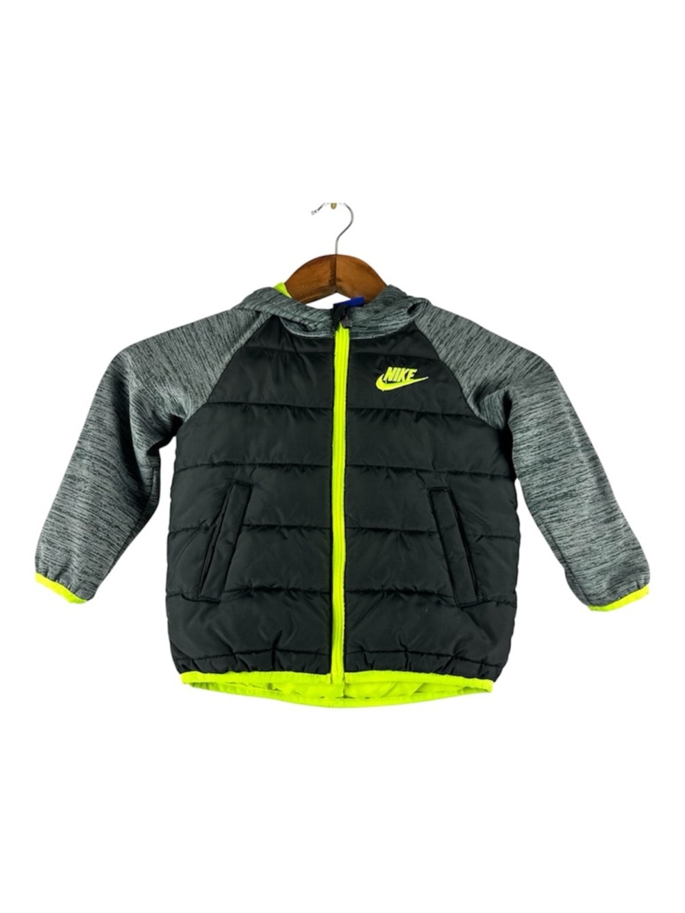 NIKE Toddler Swoosh Lightweight Hooded Puffer Jacket Sz 2T Grey Neon Green